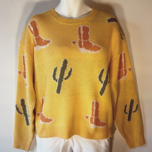 Umgee Sweaters - Umgee SZ L Yellow Chunky Boxy Sweater Graphic Cowboy Boots Cactus Western Rodeo